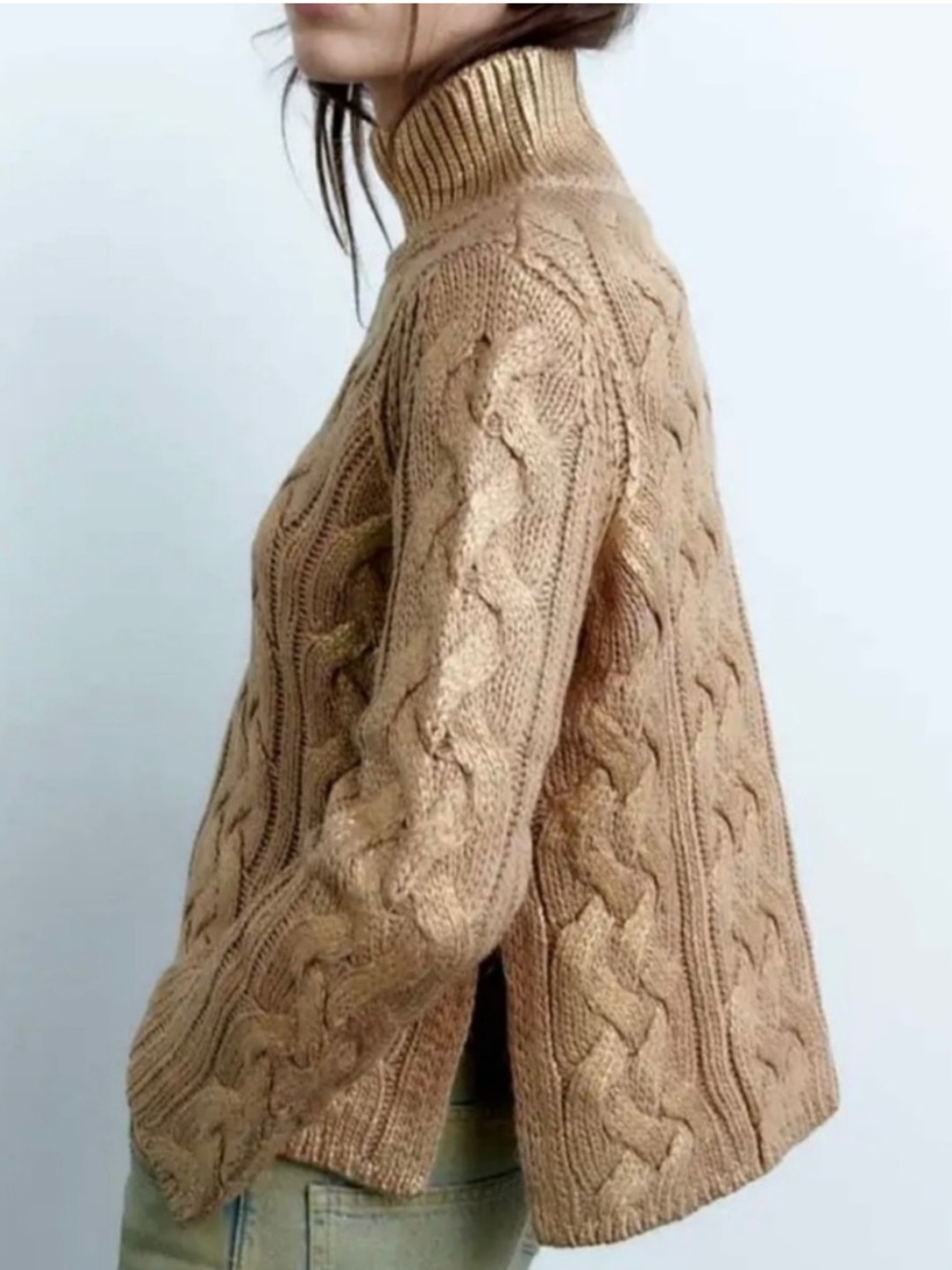 ZARA Gold Metallic Turtleneck Cable Knit Sweater NWT